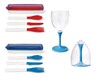 Crofton On The Go Assortment 3pc Cutlery with Case Blue and Red In Use &amp; Wine Glass Blue